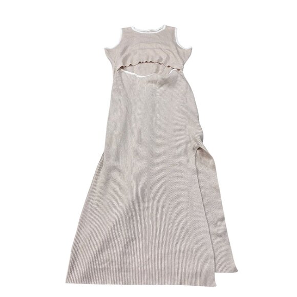 Sleeveless Ribbed Midi Dress With Cutout Waist Side Slit & Contrast Trim In Beig - Picture 6 of 11